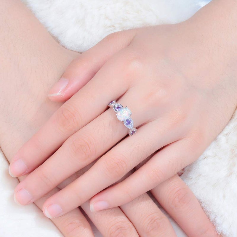 CiNily White Fire Opal Amethyst Ring Women Jewelry Gemstone Silver Plated Ring Size 7 - Image 3